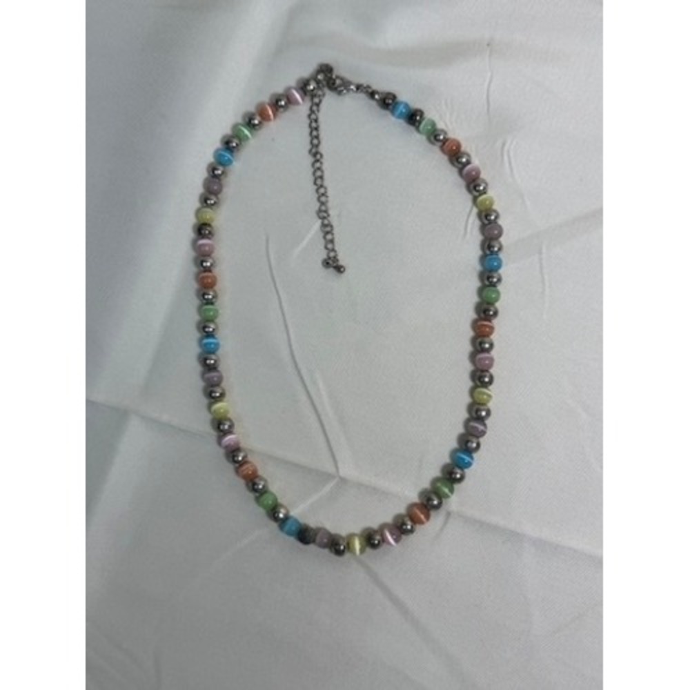 Cats Eye Beaded Choker Necklace Multicolor Silver Tone 17.5in GUC Y2K